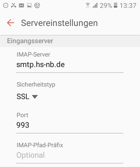 Posteingang imap Einstellungen unter Android