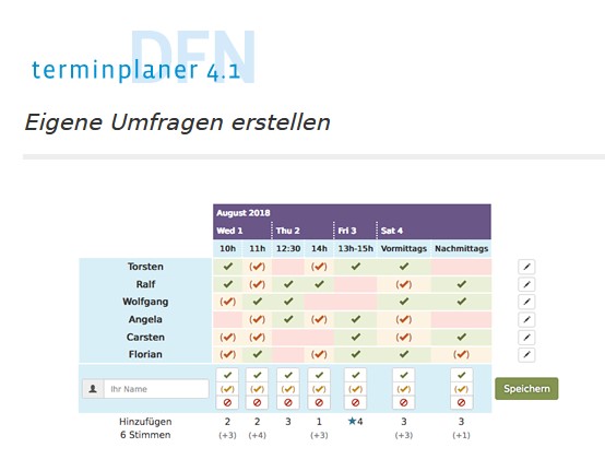 Screenshot des Terminplaners des DFN mit bunten Feldern