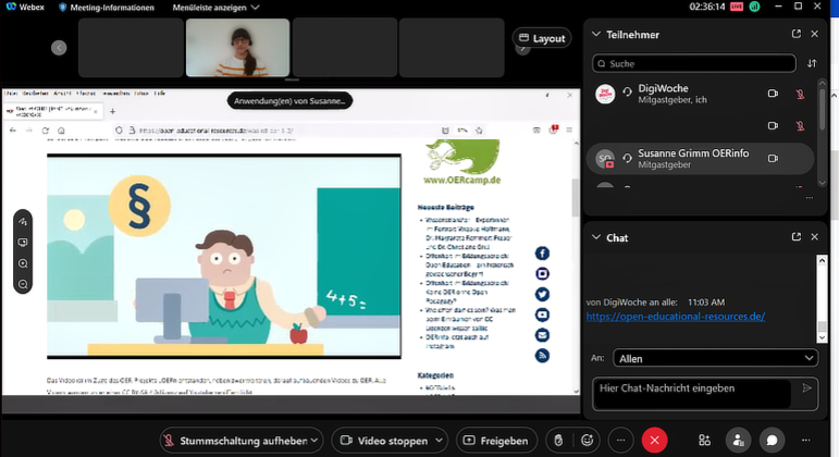 Online-Meeting, bei dem die OERinfo Seite virtuell von Susanne Grimm geteilt wird